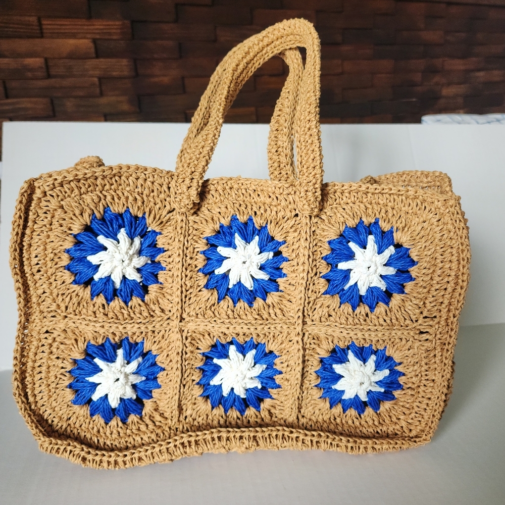 Crochet Raffia Woven Floral Tote Bag, Bohemian Summer Beach Bag